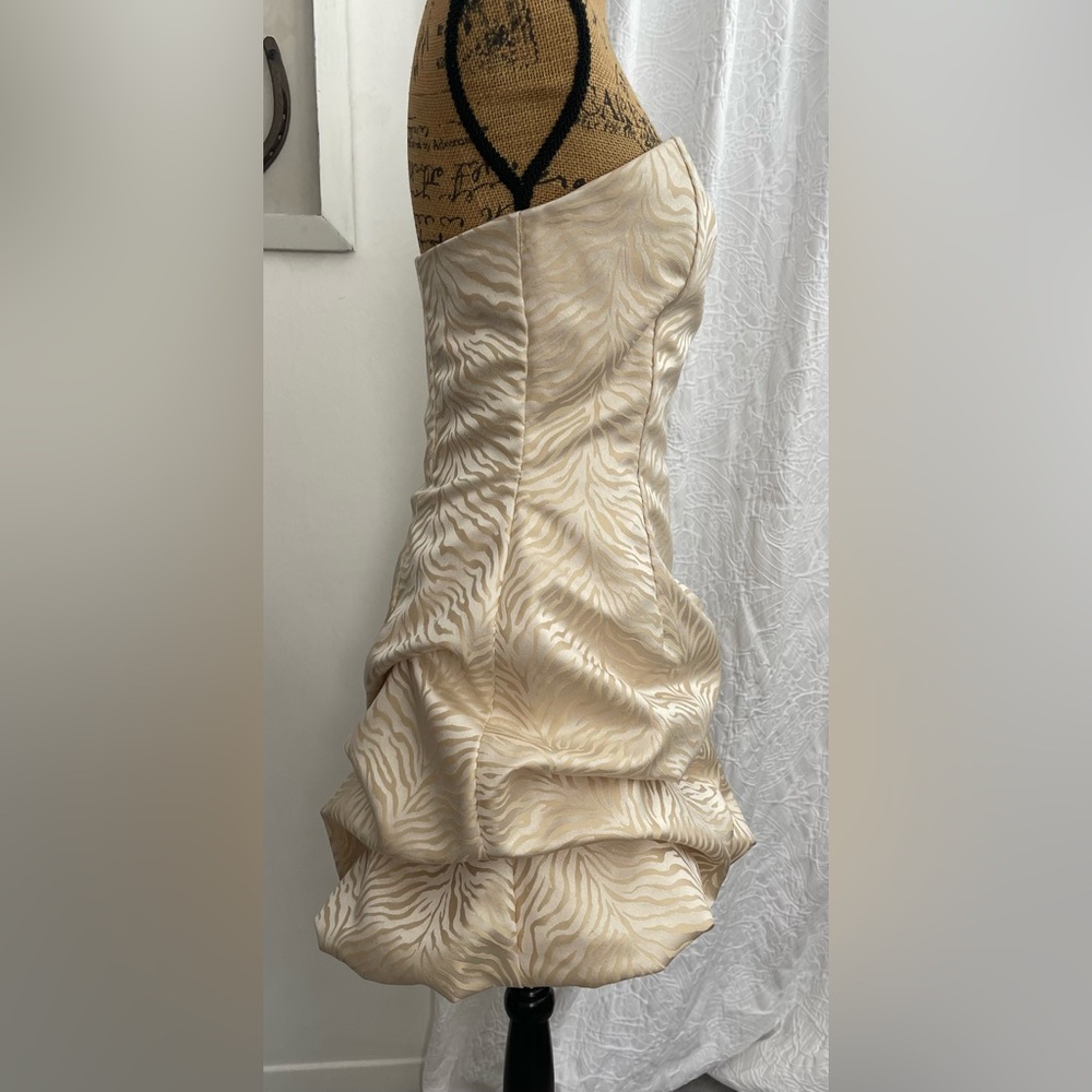 Y2K Jessica McClintock Champagne Gold Strapless Zebra Print Mini Dress Size 8 - Picture 3 of 6